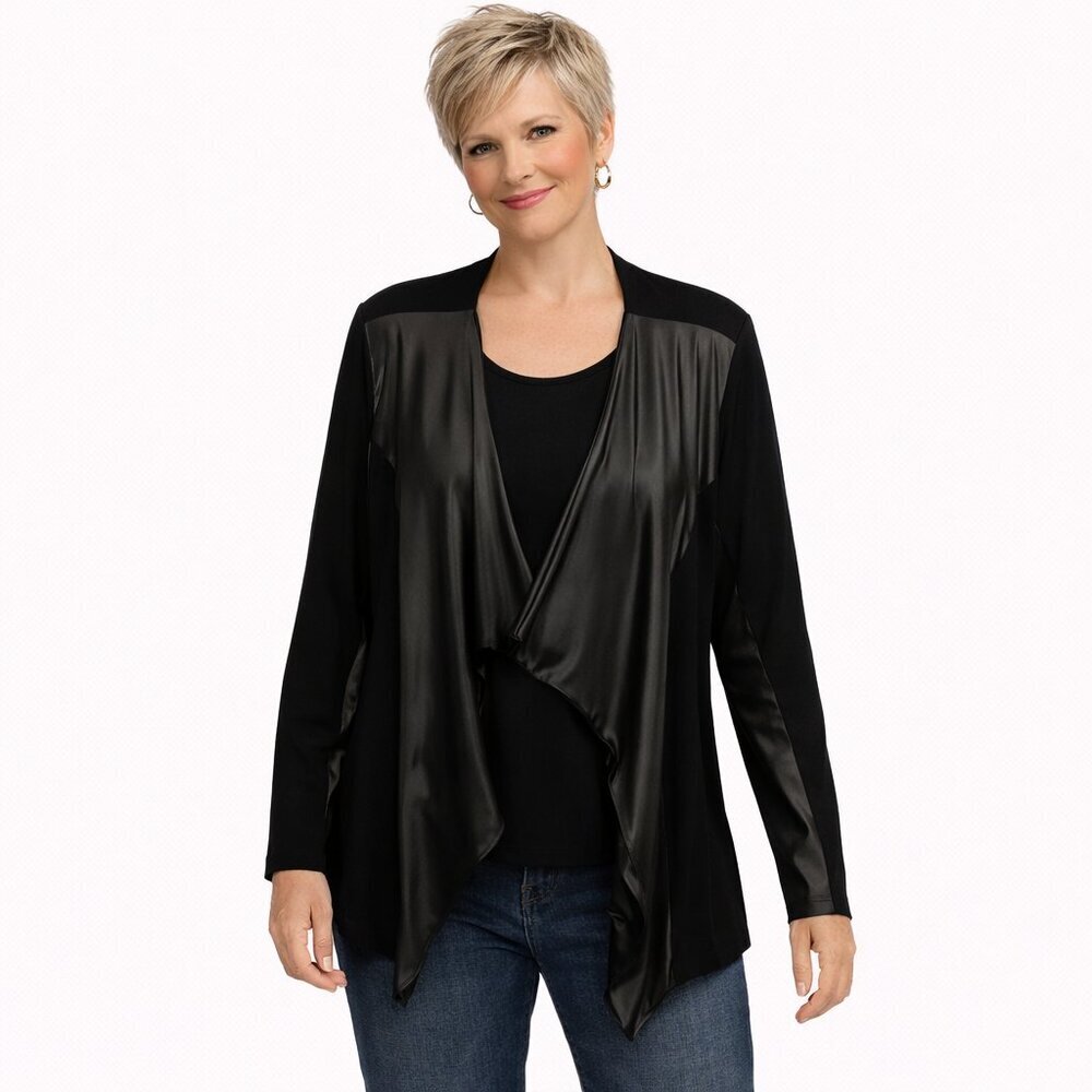 Black Open Front Cardigan Size Large Faux Leather Front Lightweight Cardigan